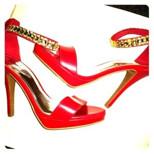 Red Ankle Strap Rhinestone Studded Heels